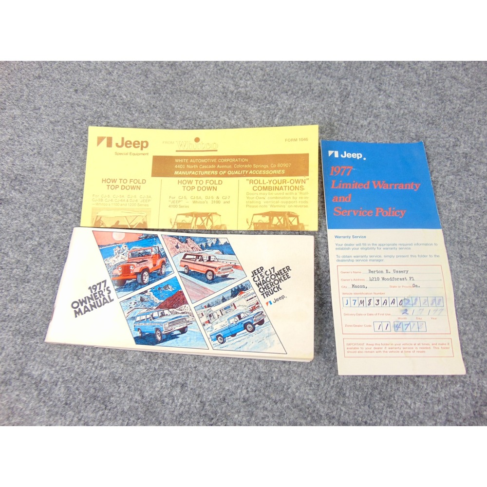 Jeep 1977 Owners Manual CJ5 CJ7 Wagoneer Cherokee Truck Warranty Whitco Guide